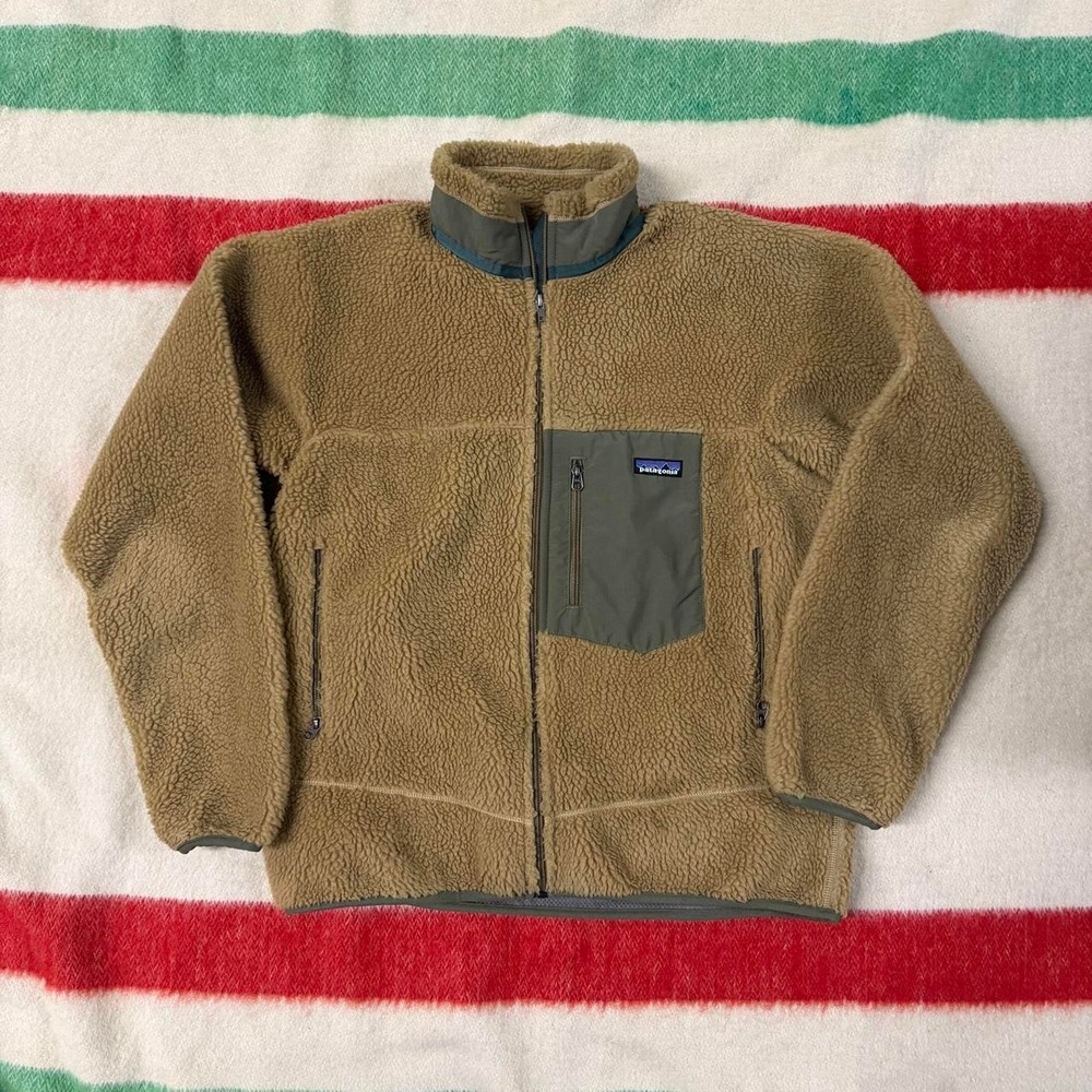 Patagonia Retro X Deep Pile Zip Up Fleece Jacket Khaki Mens Medium Vintage